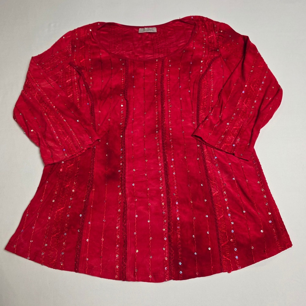 Dressbarn Blouse Womens Lg Red Sequin Embroidered 3/4 Sleeve Scoop Neck Stretch